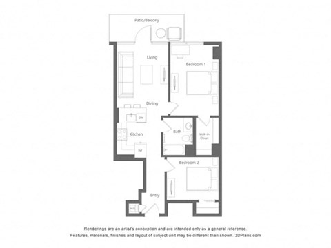 Floor plan for 1 bed, 1 bath, 911 sqft